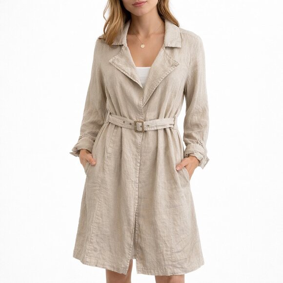 Halston Linen Trench Dress Belted MidiBeige Lightweight LayeringSize L